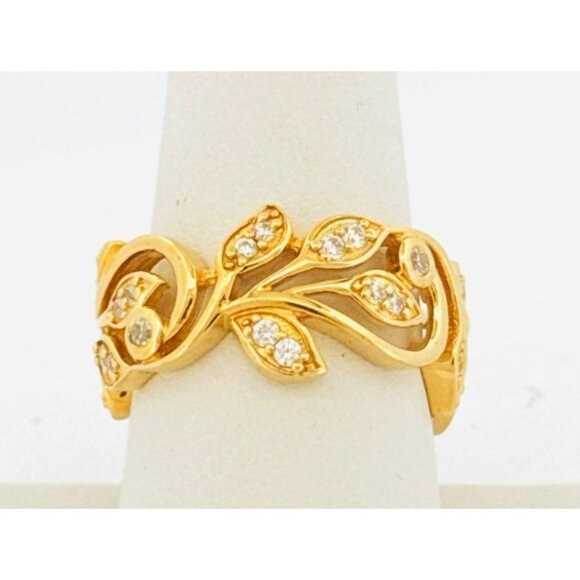 Estate Gold Over 925 Silver Leaf Band Ring w/ CZ Accents, Size 9, 6.3g Vintage - Picture 1 of 10